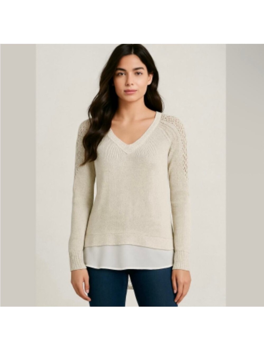 Lucky Brand Chiffon Lined Metallic Linen Cream Layered Sweater Womens Small